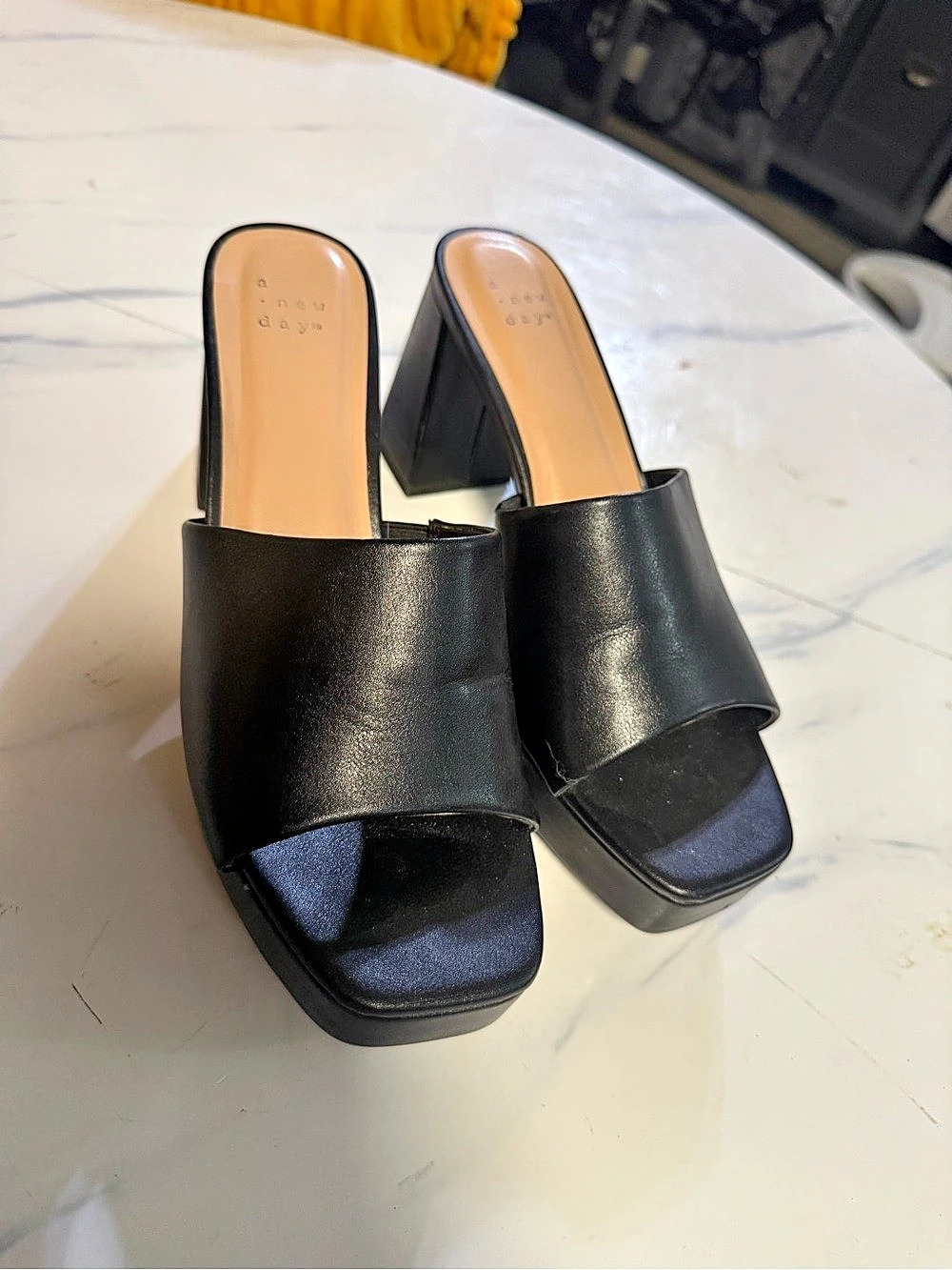 A New Day Black Square Toe Block Square Heel Mules Sandals